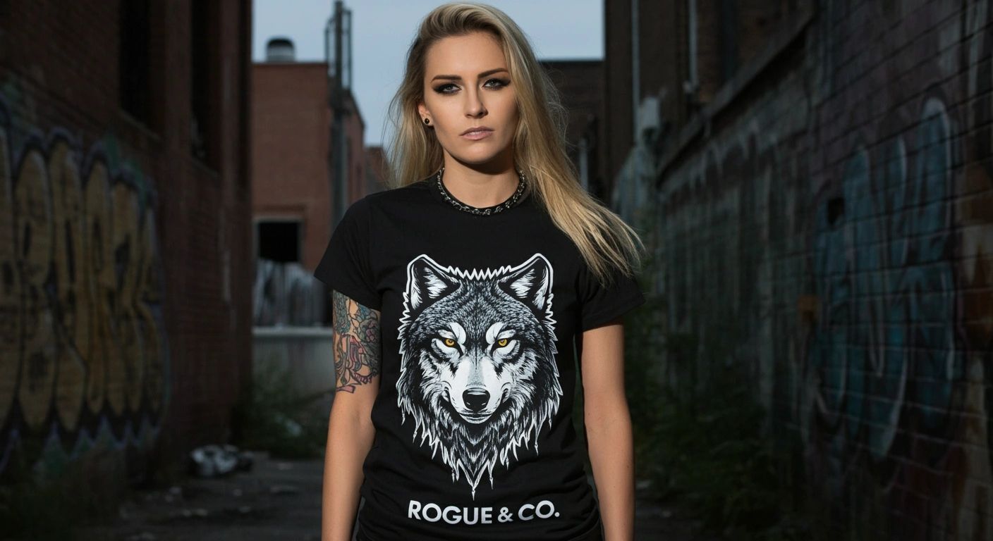 Woman standing wearing a wolf tshirt in an urban street